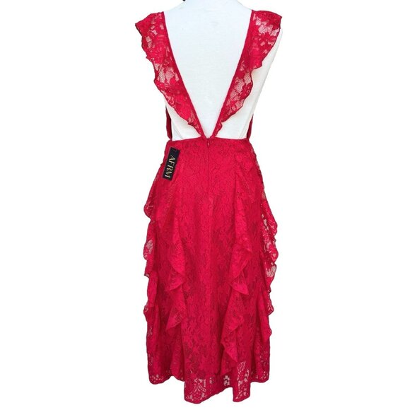 AFRM Women’s Ingrid Red Lace Ruffle Midi Dress Plunge V-Neck Size XS - Picture 2 of 16